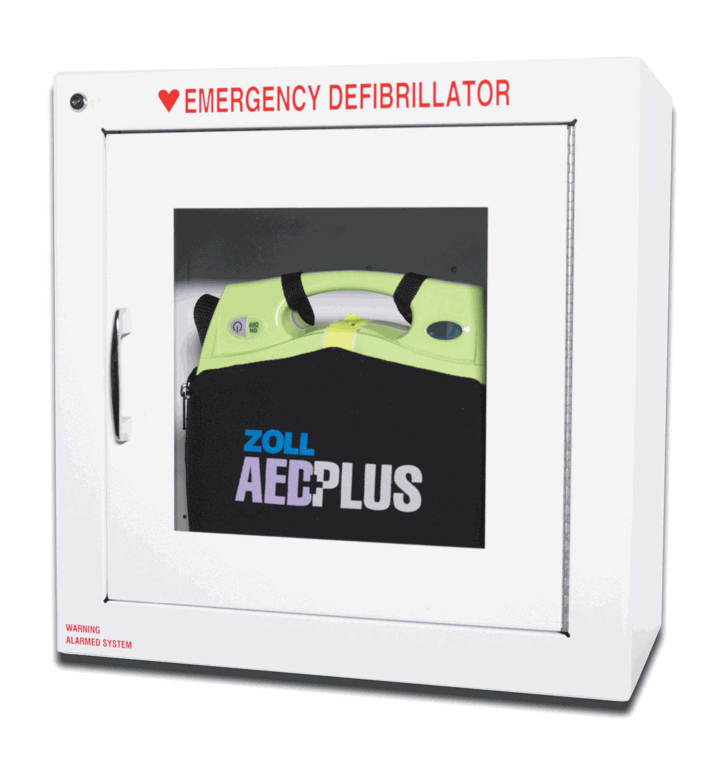 Alarmed wall cabinet holding a ZOLL AED Plus