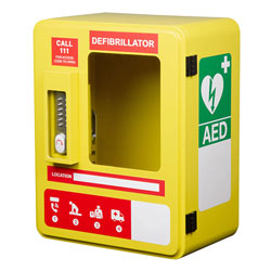 Lockable alarmed outdoor AED cabinet with pinpad