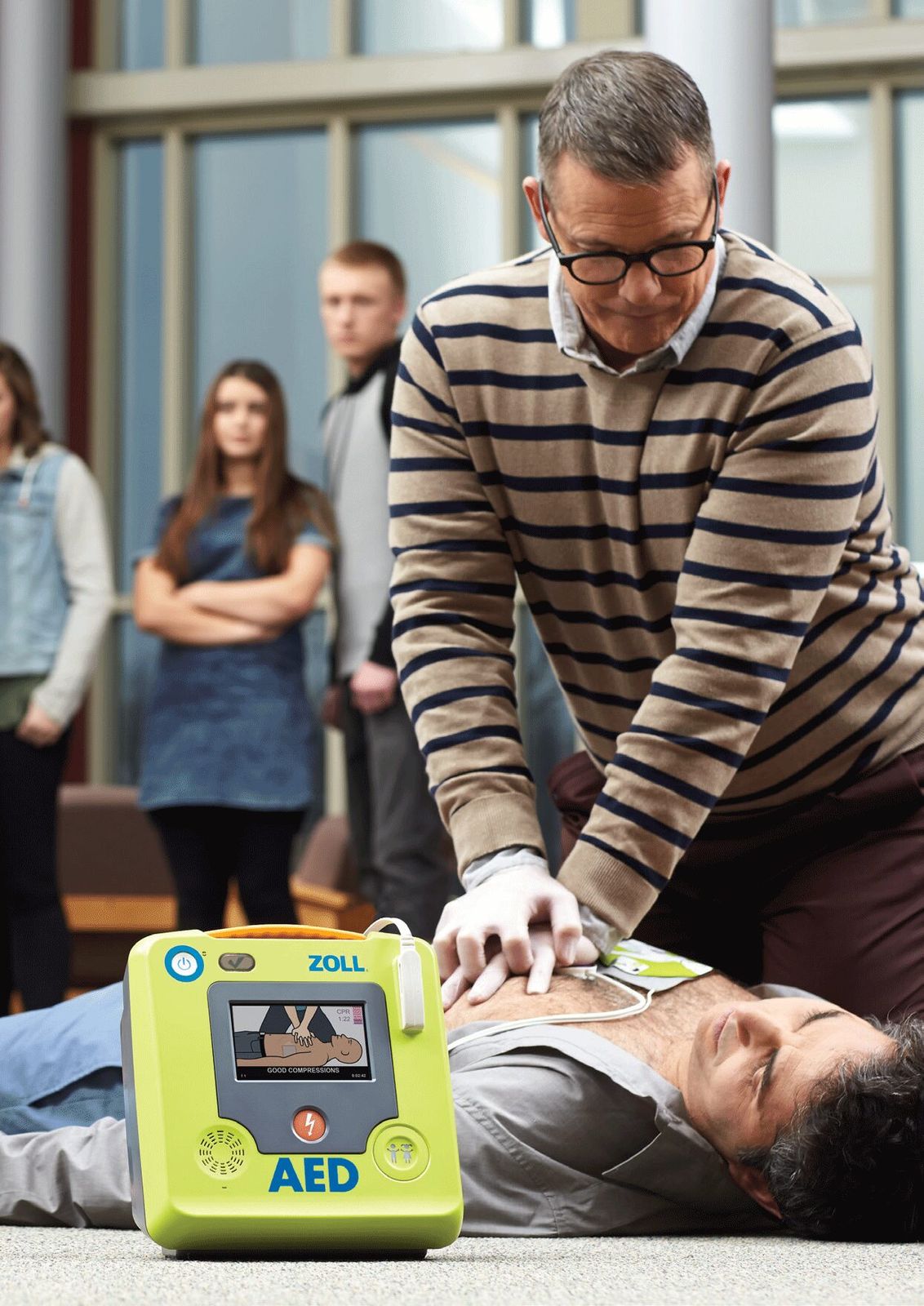ZOLL AED 3 defibrillator mounted and ready in a public space